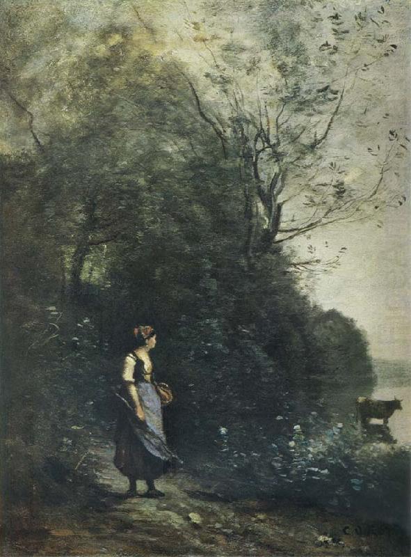 Landscape with a peasant Girl grazing a Cow at the Edge of a Forest, Jean Baptiste Camille  Corot